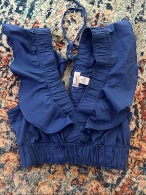 Blue Ruffle V-Neck Crop Top